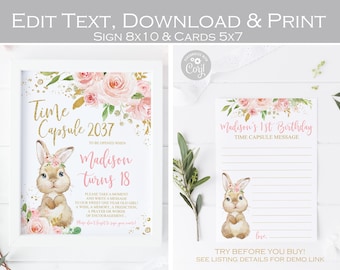 Some bunny is one time capsule sign and cards printable, Floral 1st birthday party, Girl Baby shower Wishes, blush pink and gold, Editable