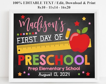 Editable First day of school printable sign Girl back to school chalkboard Pre-k Kindergarten Preschool template Any grade Instant Download