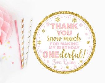 Winter onederland first birthday party thank you tag, pink and gold label, gift tag, winter party favors, decorations, digital printable 005