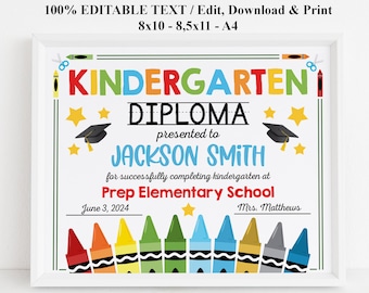 ANY GRADE Editable Kindergarten diploma, Preschool Certificate, PreK Graduation, Corjl template, Last day of school Instant Download