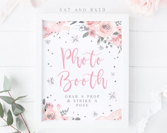 Photo booth sign printable, Winter onederland decorations, Blush pink and silver Photobooth, winter wonderland girl baby shower table sign