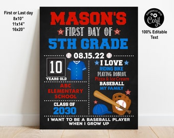 EDITABLE Baseball First or Last Day of School Sign Printable, Back to School Chalkboard, Kindergarten 1st 2nd 3rd 4th any grade photo prop