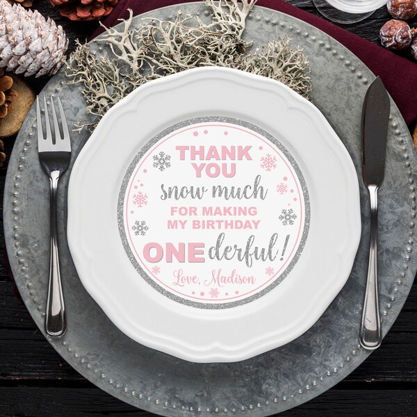 Editable Winter onederland charger plate insert, winter wonderland, pink and silver table decor, 1st birthday thank you card, template 005