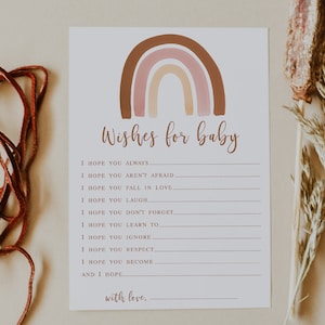 Tarjetas con deseos de arcoíris boho para bebés, juegos para baby shower imprimibles, arcoíris apagado de género neutro, consejos y buenos deseos para el bebé