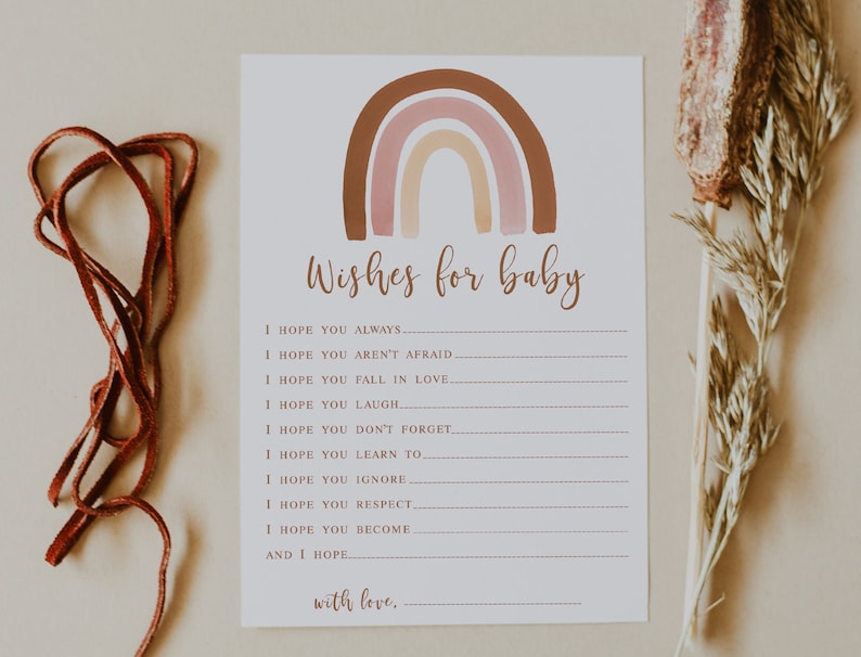 Boho Rainbow Wishes for Baby Cards, Baby Shower Games Printable, Muted Rainbow Gender neutral, Advice and well wishes for baby image 1