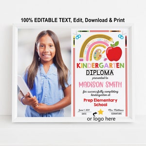Regenbogen EDITIERBARE Kindergarten-Diplom mit Foto druckbare, Mädchen personalisierte Zertifikat, Sofort-Download PreK Abschlussvorlage 8x10