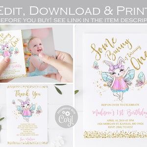 Convite editável de aniversário de coelho, algum coelho é um convite de foto, cartão de agradecimento de primeiro aniversário de menina, ouro rosa, QUALQUER IDADE 002