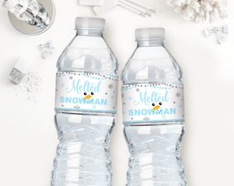 Melted snowman water bottle labels, blue and silver glitter, winter onederland first birthday party, winter baby shower boy, printable 005