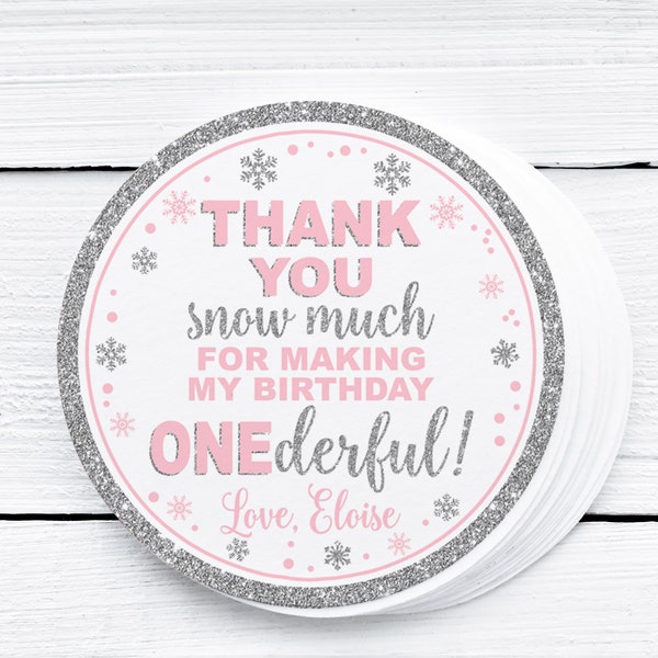 Winter onederland first birthday party thank you tag, winter wonderland pink and silver gift labels, party favors, printable 005