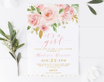 EDITABLE Floral Baby Shower Invitation Girl, It's a Girl, Blush pink and Gold Baby Shower Invitation Template, Digital, Instant Download 010