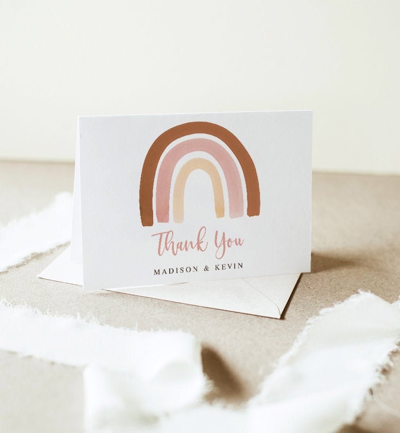 EDITABLE Boho Rainbow thank you card printable, Girl baby shower flat & folded note card, Muted Gender Neutral Instant download template 014