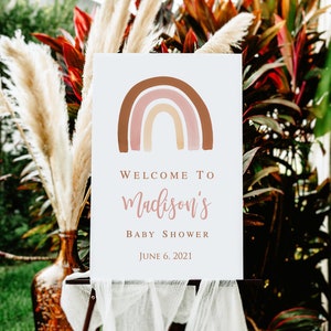 EDITABLE Boho Rainbow baby shower signo de bienvenida imprimible, cartel de fiesta de cumpleaños de niña Earth Tones, plantilla de boda de despedida de soltera silenciada 014