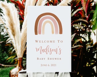 EDITABLE Boho Rainbow baby shower welcome sign printable, Earth Tones Girl Birthday party poster, Muted Bridal shower Wedding template 014