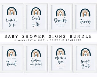 Boho Blue Rainbow Boy Baby Shower Signs Bundle, Signage Kit, Editable template, Baby Sprinkle Package Printable, Instant download 022