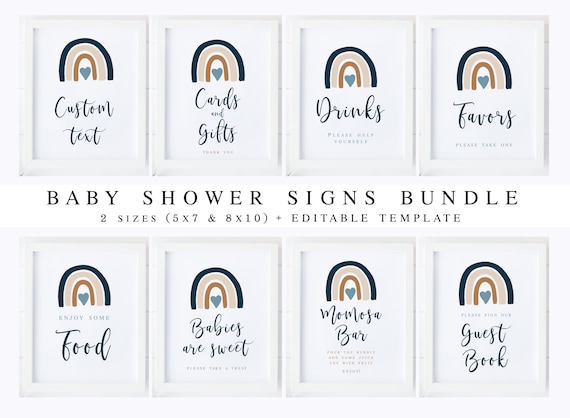 Boho Blue Rainbow Boy Baby Shower Signs Bundle, Signage Kit, Editable template, Baby Sprinkle Package Printable, Instant download 022