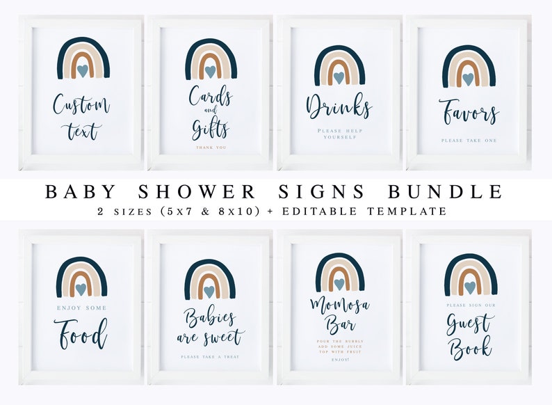 Boho Blue Rainbow Boy Baby Shower Signs Bundle, Signage Kit, Editable template, Baby Sprinkle Package Printable, Instant download 022 image 1