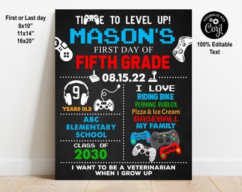EDITABLE Video Game First or Last Day of School Sign Printable Gamer Back to School photo prop, Kindergarten 1st 2nd 3rd ANY grade template