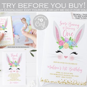 Bunny verjaardagsuitnodiging, een of ander konijntje is één uitnodiging, meisje Pasen 1e verjaardagsuitnodiging, Bedankkaart, roze goud ELKE LEEFTIJD sjabloon 002