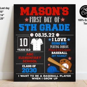 EDITIERBARE Baseball First oder Last Day of School Zeichen Printable, Back to School Tafel Poster, Kindergarten, 1. 2. 3. 4. 5 6 7 grade