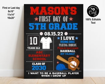 EDITABLE Baseball First or Last Day of School Sign Printable, Back to School Chalkboard Poster, Kindergarten, 1st 2nd 3rd 4th 5 6 7 grade