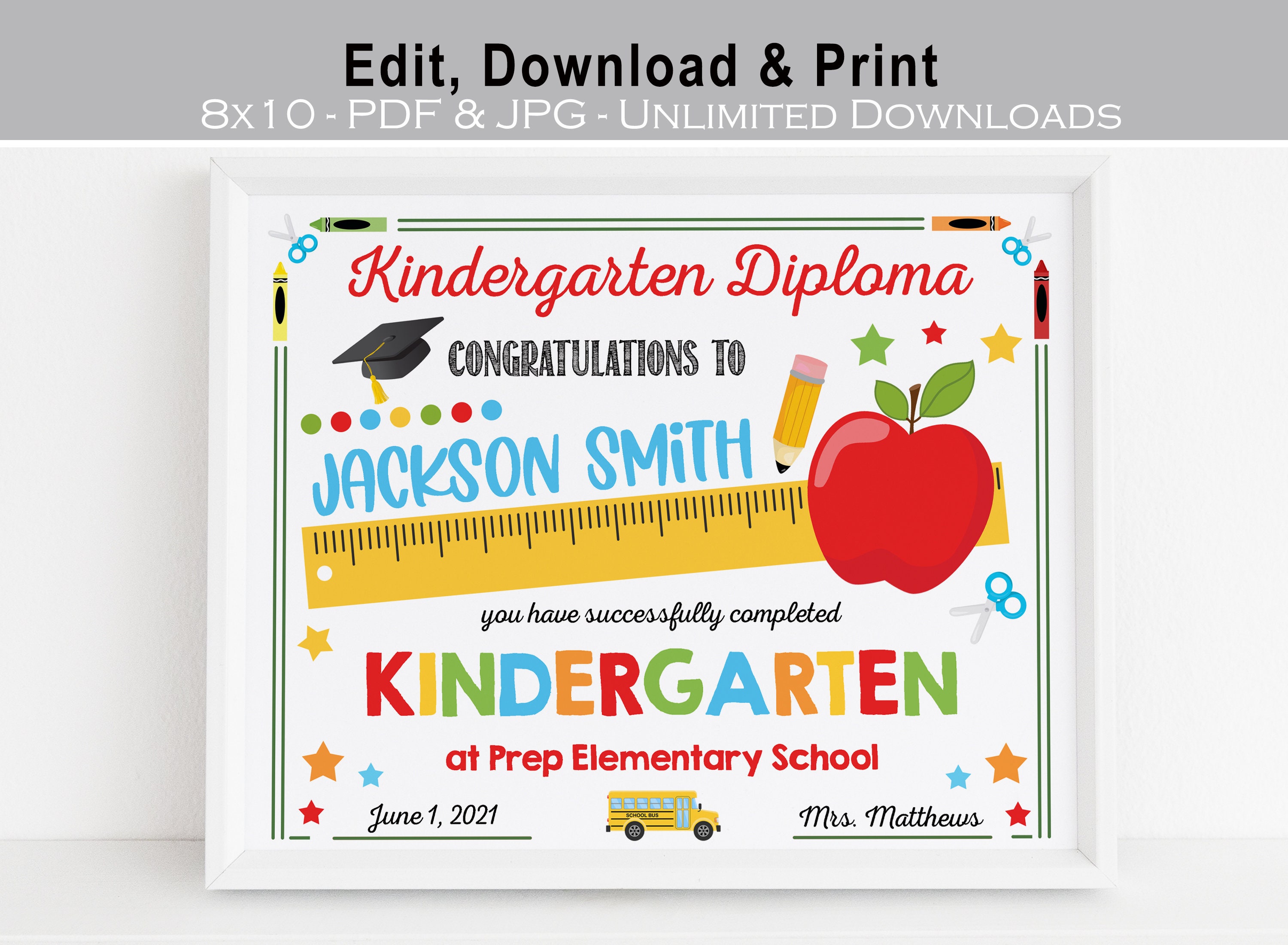 editable kindergarten diploma printable personalized boy etsy
