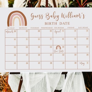 EDITABLE Boho Rainbow Baby Fecha de vencimiento Calendario imprimible, Tonos tierra Guess Signo de cumpleaños del bebé, Cartel de baby shower de terracota silenciado 014