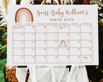 EDITABLE Boho Rainbow Baby Due Date Calendar Printable, Earth Tones Guess Baby's Birthday sign, Muted Terracotta Baby Shower Poster 014