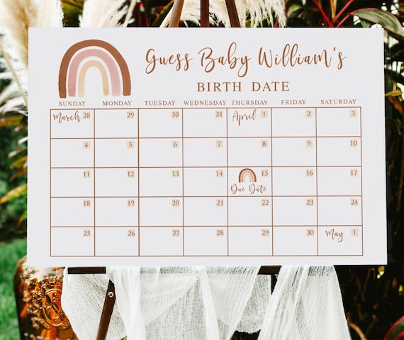 EDITABLE Boho Rainbow Baby Due Date Calendar Printable, Earth Tones Guess Baby's Birthday sign, Muted Terracotta Baby Shower Poster 014