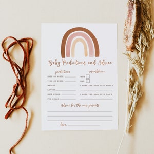 Boho Rainbow Baby voorspellingen en advieskaarten, babyshowerspellen afdrukbaar, genderneutraal, gedempte babyvoorspelling, advies voor ouders 014