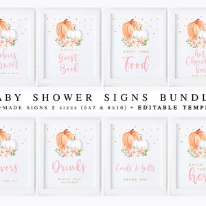 Pumpkin Baby Shower Signs Bundle, Blush pink party decorations, Signage Kit Editable template Girl Package Printable Instant download 026