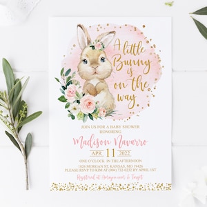 Editable Bunny Baby Shower Invitation Girl, A Little Bunny is On the Way, Floral blush pink and gold Spring Invite, Corjl template 002