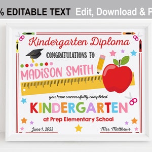 EDITIERBARE Kindergarten-Abschlussdiplom zum Ausdrucken, personalisiertes Vorschulzertifikat für Mädchen, Sofortiger Download, Pre-K Corjl-Vorlage 8x10