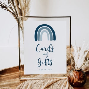 Cards and Gifts Sign Printable, Boho Rainbow Gifts Table Sign, Boy Baby Shower decorations, Blue Muted Rainbow Birthday Instant download 020