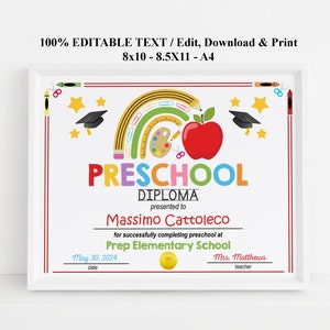 Bearbeitbares Diplom für Kinder jeder Klasse, Vorschulschild, Kindergartenzertifikat, PreK-Abschlussvorlage, letzter Schultag, sofortiger Download