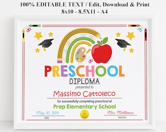 ANY GRADE Kids Editable diploma, Preschool sign, Kindergarten Certificate, PreK Graduation template, Last day of school Instant Download