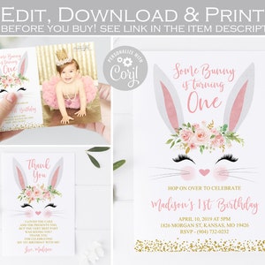 Invitación de cumpleaños de conejito editable, un conejito es una invitación, tarjeta de agradecimiento con foto de 1er cumpleaños de Pascua rosa y dorada, CUALQUIER EDAD 002