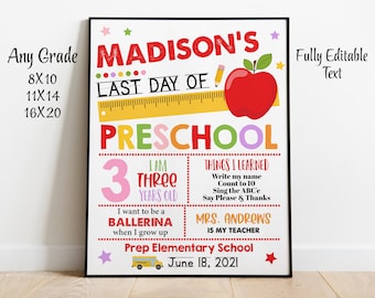 CUALQUIER GRADO Editable Último día del letrero de preescolar imprimible, Accesorio fotográfico personalizado de fin de año escolar, Póster de graduación, Descarga instantánea