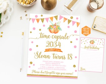 Pumpkin Time capsule first birthday, Fall Time Capsule, Girl first birthday party, orange pink and gold, printable print 001
