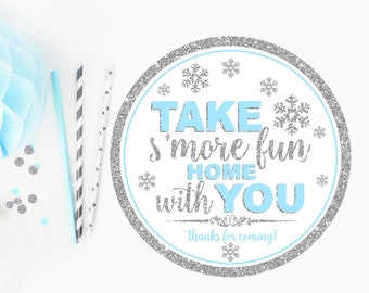 Take s'more fun home with you favor tags, blue and silver, winter onederland first birthday party, smores thank you tags baby shower boy 005