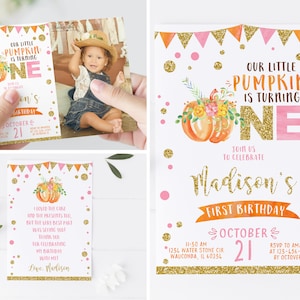 Mädchen Kürbis erste Geburtstagseinladung, unser kleiner Kürbis dreht eine Einladung, Herbst danke Karte printable, rosa gold orange 001