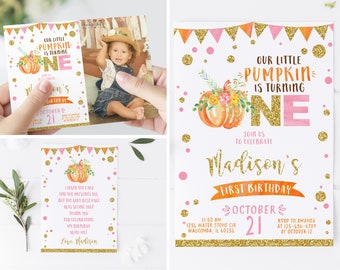 Girl Pumpkin first birthday invitation, Our little pumpkin is turning one invitation, fall thank you card printable, pink gold orange  001