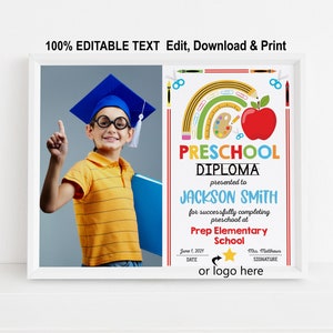 EDITABLE Preschool diploma with Photo, Rainbow Personalized Kindergarten Certificate, Instant Download PreK Graduation template 8x10