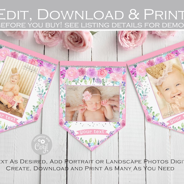 Editable Monthly photo banner printable Baby Girl first year Milestone Banner 12 Months Picture Garland, 1st birthday party Instant download