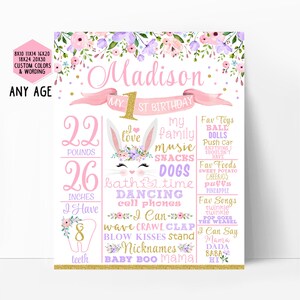 Bunny First Birthday Milestone Poster, Some Bunny is One, Floral First Birthday Stats Sign, Chalkboard Sign, Pink gold lilac printable 002