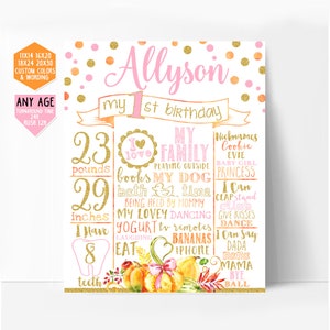 Signo de pizarra de primer cumpleaños de calabaza, tablero de cumpleaños rosa y dorado, letrero de hito, póster de estadísticas de cumpleaños, fondo blanco, imprimible 001