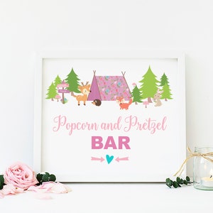 Popcorn and Pretzel Bar sign printable, girl camping birthday party, Camp table Decor, Glamping Party, Woodland Animals, 006