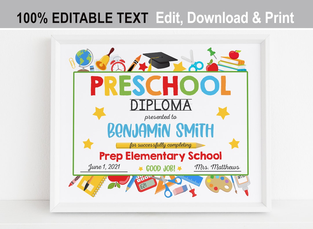 EDITABLE Preschool Graduation Diploma Printable, Kids Personalized