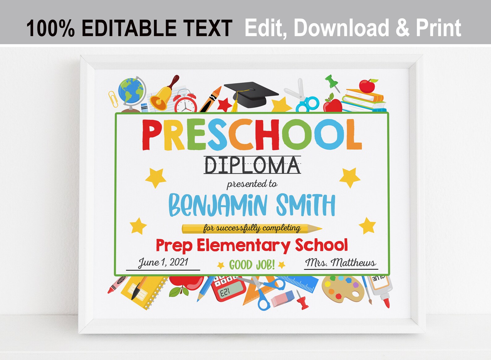 EDITABLE Preschool Graduation Diploma Printable, Kids Personalized ...