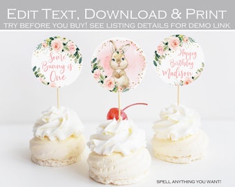 Bunny Cupcake Toppers printable, Some bunny is one decoration, Floral Blush Pink and Gold 1st birthday, Instant download, Editable template