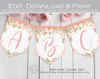 Editable Template, Floral birthday banner, Alphabet Banner, Blush pink and gold girl baby shower bunting, Wedding, Bridal shower party decor